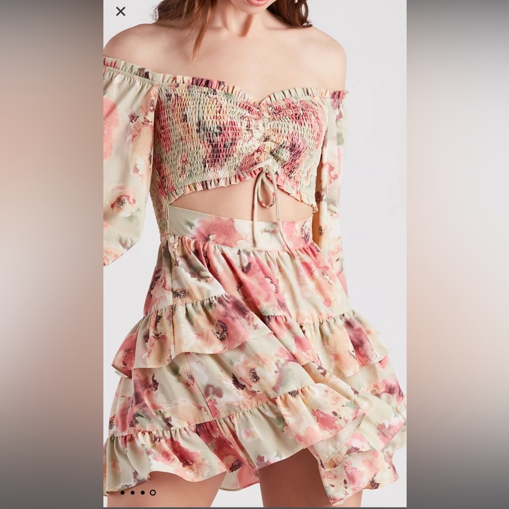 Golden Hour Floral Ruffled Skater Dress - Cut-Out Waist